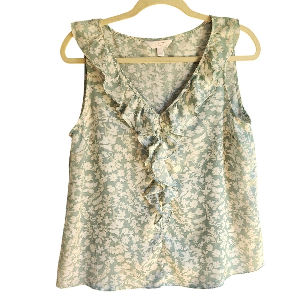 LC Lauren Conrad Women Blouse Green Floral Ruffle V-Neck Sleeveless Large
